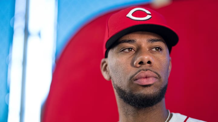 Cincinnati Reds pitcher Hunter Greene (21) during the annual team picture day at the Cincinnati Reds Player Development Complex in Goodyear, Ariz., on Tuesday, Feb. 18, 2025.