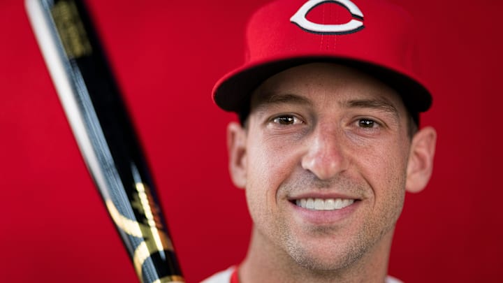 Cincinnati Reds outfielder Spencer Steer (7) during the annual team picture day at the Cincinnati Reds Player Development Complex in Goodyear, Ariz., on Tuesday, Feb. 18, 2025.