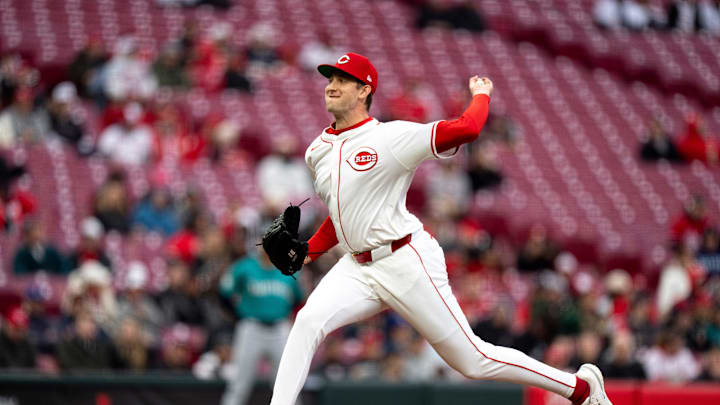 Cincinnati Reds pitcher Nick Lodolo delivers a pitch in the second inning of the MLB game between Cincinnati Reds and Seattle Mariners at Great American Ball Park in Cincinnati on Tuesday, April 15, 2025.