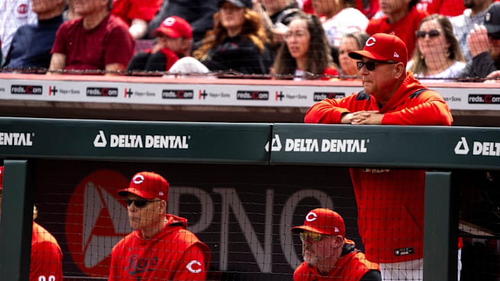 Cincinnati Reds manager Terry Francona looks on in the sixth inning of the MLB game between the Cincinnati Reds and the Pittsburgh Pirates at Great American Ball Park in Cincinnati on Sunday, April 13, 2025. Cincinnati Reds manager Terry Francona looks on in the sixth inning of the MLB game between the Cincinnati Reds and the Pittsburgh Pirates at Great American Ball Park in Cincinnati on Sunday, April 13, 2025.