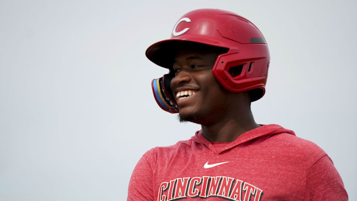 Feb 23, 2024; Goodyear, AZ, USA; Cincinnati Reds minor league player Cam Collier serves as a baserunner during rundown drills during spring training workouts at Goodyear Ballpark. Mandatory Credit: Kareem Elgazzar-Imagn Images Feb 23, 2024; Goodyear, AZ, USA; Cincinnati Reds minor league player Cam Collier serves as a baserunner during rundown drills during spring training workouts at Goodyear Ballpark. Mandatory Credit: Kareem Elgazzar-Imagn Images