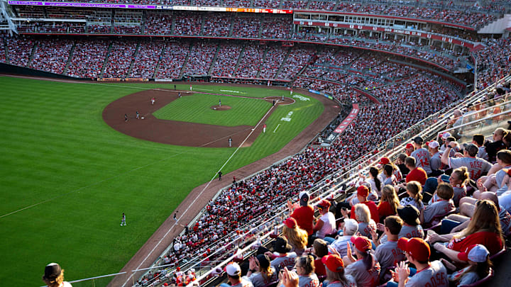 Fans react to a Cincinnati Reds first baseman Spencer Steer hitting a double at Great American Ball Park during the Cincinnati Red’s Pete Rose night at the ballpark on Wednesday, May 14, 2025 in Cincinnati.
