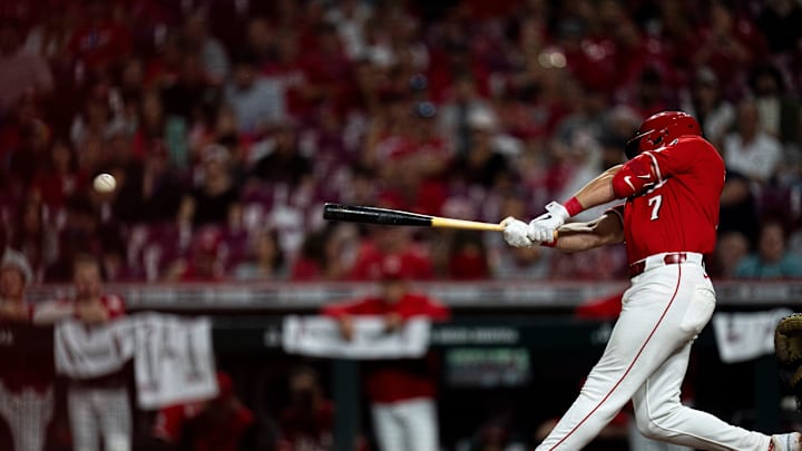 Cincinnati Reds first baseman Spencer Steer (7) hits a double in the third inning of the MLB game between Cincinnati Reds and Minnesota Twins at Great American Ball Park in Cincinnati on Wednesday, June 18, 2025. Cincinnati Reds first baseman Spencer Steer (7) hits a double in the third inning of the MLB game between Cincinnati Reds and Minnesota Twins at Great American Ball Park in Cincinnati on Wednesday, June 18, 2025.