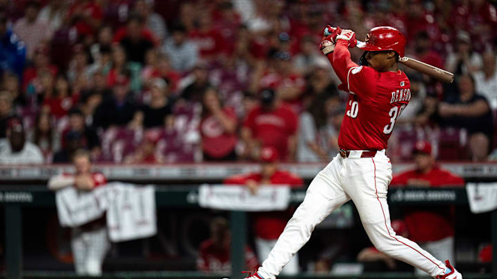 Cincinnati Reds left fielder Will Benson (30) hits an RBI base hit in the third inning of the MLB game between Cincinnati Reds and Minnesota Twins at Great American Ball Park in Cincinnati on Wednesday, June 18, 2025. Cincinnati Reds left fielder Will Benson (30) hits an RBI base hit in the third inning of the MLB game between Cincinnati Reds and Minnesota Twins at Great American Ball Park in Cincinnati on Wednesday, June 18, 2025.