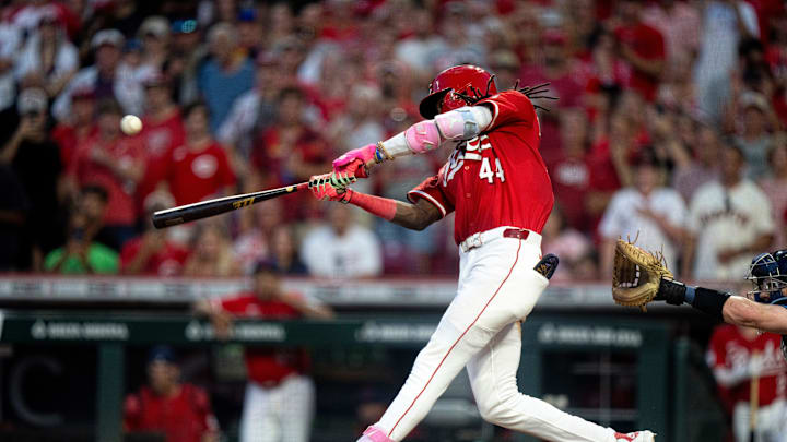 Cincinnati Reds shortstop Elly De La Cruz (44) hits a 2-run RBI single in the seventh inning between Cincinnati Reds and Tampa Bay Rays at Great American Ball Park in Cincinnati on July 26, 2025. Cincinnati Reds shortstop Elly De La Cruz (44) hits a 2-run RBI single in the seventh inning between Cincinnati Reds and Tampa Bay Rays at Great American Ball Park in Cincinnati on July 26, 2025.