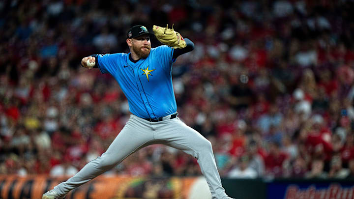 Tampa Bay Rays pitcher Zack Littell (52) pitches in the sixth inning between Cincinnati Reds and Tampa Bay Rays at Great American Ball Park in Cincinnati on July 25, 2025. Tampa Bay Rays pitcher Zack Littell (52) pitches in the sixth inning between Cincinnati Reds and Tampa Bay Rays at Great American Ball Park in Cincinnati on July 25, 2025.