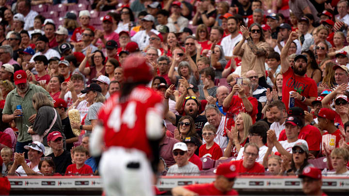 Cincinnati Reds shortstop Elly De La Cruz (44) crosses home plate as fans react in the first inning between Cincinnati Reds and Miami Marlins at Great American Ball Park in Cincinnati on Wednesday, July 9, 2025. Cincinnati Reds shortstop Elly De La Cruz (44) crosses home plate as fans react in the first inning between Cincinnati Reds and Miami Marlins at Great American Ball Park in Cincinnati on Wednesday, July 9, 2025.