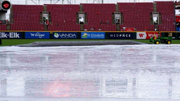 Cincinnati Reds and Philadelphia Phillies wait to play as it rains on the at Great American Ball Park in Cincinnati on Aug. 13, 2025. Cincinnati Reds and Philadelphia Phillies wait to play as it rains on the at Great American Ball Park in Cincinnati on Aug. 13, 2025.