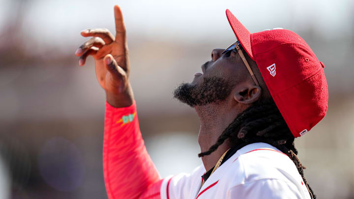 Cincinnati Reds shortstop Elly de la Cruz (44) is introduced before the first inning of the MLB Opening Day game between the Cincinnati Reds and the Boston Red Sox at Great American Ball Park in downtown Cincinnati on Thursday, March 26, 2026. The game was tied at 0 after four innings.
