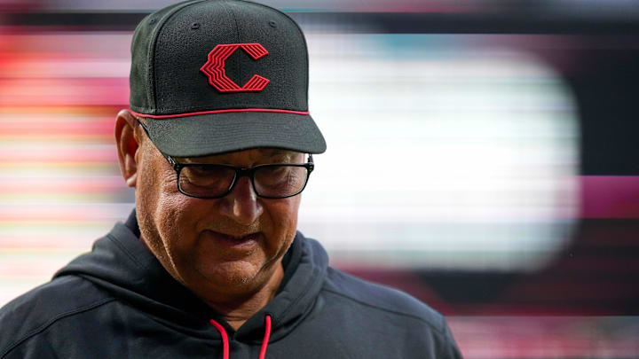 Cincinnati Reds manager Terry Francona (77) returns to the dugout after conferring with he umpires in the second inning of the MLB Interleague game between the Cincinnati Reds and the Los Angeles Angels at Great American Ball Park in downtown Cincinnati on Friday, April 10, 2026.