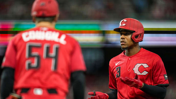 Cincinnati Reds third baseman Ke'bryan Hayes (3) celebrates at first base on a single in the sixth inning of the MLB Interleague game between the Cincinnati Reds and the Detroit Tigers at Great American Ball Park in downtown Cincinnati on Saturday, April 25, 2026. The Reds won the second game of the series, 9-2.