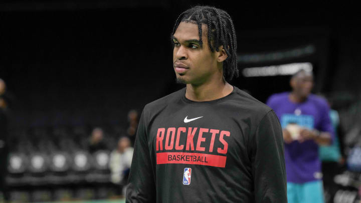 Apr 7, 2023; Charlotte, North Carolina, USA; Houston Rockets guard Josh Christopher (9) during pregame warm ups against the Charlotte Hornets at the Spectrum Center. Mandatory Credit: Jim Dedmon-USA TODAY Sports