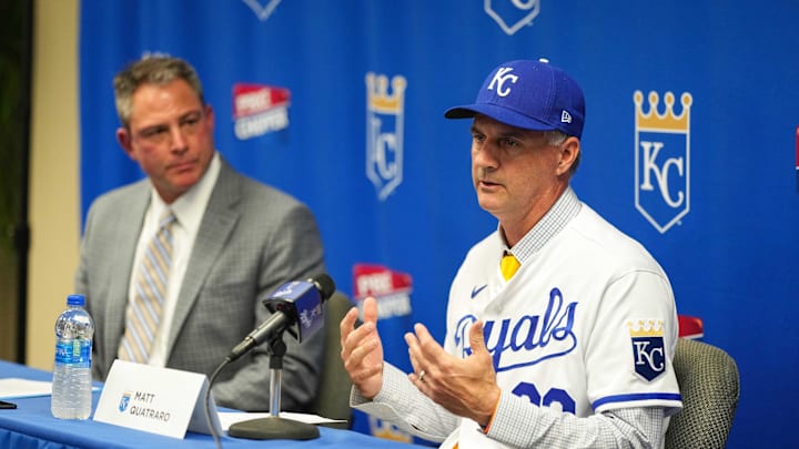 Nov 3, 2022; Kansas City, Missouri, USA; Kansas City Royals manager Matt Quatraro (33) and general manager J.J. Picollo talk with media during a press conference at Kauffman Stadium. Mandatory Credit: Jay Biggerstaff-Imagn Images Nov 3, 2022; Kansas City, Missouri, USA; Kansas City Royals manager Matt Quatraro (33) and general manager J.J. Picollo talk with media during a press conference at Kauffman Stadium. Mandatory Credit: Jay Biggerstaff-Imagn Images