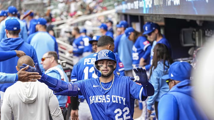 Mar 29, 2026; Cumberland, Georgia, USA; Kansas City Royals catcher Carter Jensen (22) reacts in the dugout after driving in a run with a sacrifice fly against the Atlanta Braves during the eighth inning at Truist Park. Mandatory Credit: Dale Zanine-Imagn Images Mar 29, 2026; Cumberland, Georgia, USA; Kansas City Royals catcher Carter Jensen (22) reacts in the dugout after driving in a run with a sacrifice fly against the Atlanta Braves during the eighth inning at Truist Park. Mandatory Credit: Dale Zanine-Imagn Images