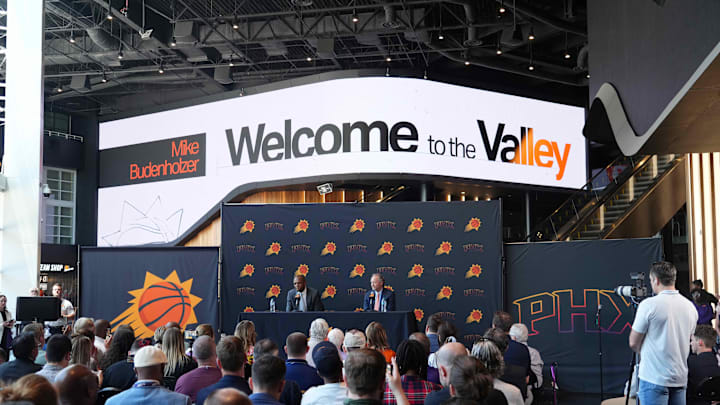 May 17, 2024; Phoenix, AZ, USA; Mike Budenholzer speaks alongside General Manager James Jones during a press conference to announce his job as head coach of the Phoenix Suns. Mandatory Credit: Joe Camporeale-USA TODAY Sports