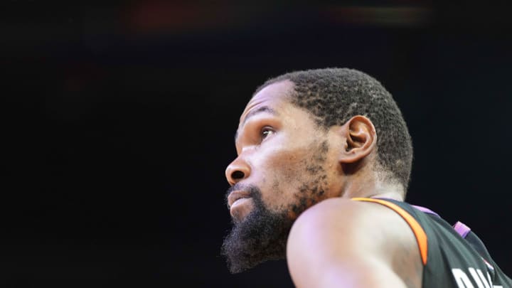 Apr 26, 2024; Phoenix, Arizona, USA; Phoenix Suns forward Kevin Durant (35) looks on against the Minnesota Timberwolves during the second half of game three of the first round for the 2024 NBA playoffs at Footprint Center. Mandatory Credit: Joe Camporeale-USA TODAY Sports