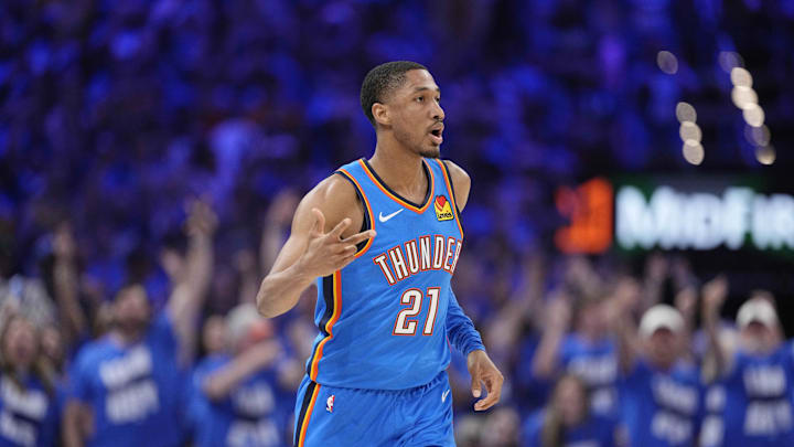 Jun 8, 2025; Oklahoma City, Oklahoma, USA; Oklahoma City Thunder guard Aaron Wiggins (21) reacts after a play against the Indiana Pacers during the first half during game two of the 2025 NBA Finals at Paycom Center. Mandatory Credit: Kyle Terada-Imagn Images
