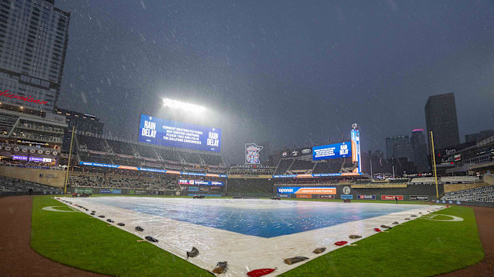 May 19, 2025; Minneapolis, Minnesota, USA; A general view of Target Field during a rain delay in the second inning in game between the Cleveland Guardians and Minnesota Twins at Target Field. Mandatory Credit: Jesse Johnson-Imagn Images