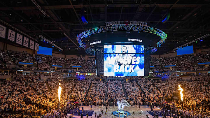 May 8, 2025; Minneapolis, Minnesota, USA; A general view of Target Center during game two of the second round for the 2025 NBA Playoffs between the Golden State Warriors and Minnesota Timberwolves. Mandatory Credit: Jesse Johnson-Imagn Images