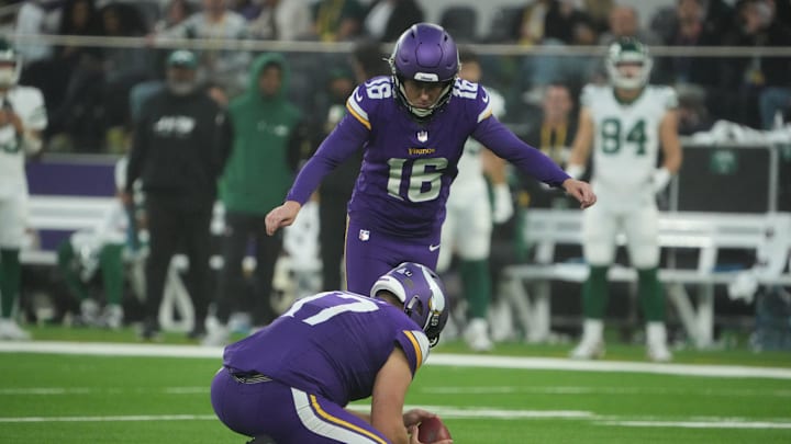 Oct 6, 2024; London, United Kingdom; Minnesota Vikings place kicker Will Reichard (16) kicks a 41-yard field goal out of the hold of punter Ryan Wright (17) in the fourth quarter against the New York Jets at Tottenham Hotspur Stadium. Mandatory Credit: Kirby Lee-Imagn Images Oct 6, 2024; London, United Kingdom; Minnesota Vikings place kicker Will Reichard (16) kicks a 41-yard field goal out of the hold of punter Ryan Wright (17) in the fourth quarter against the New York Jets at Tottenham Hotspur Stadium. Mandatory Credit: Kirby Lee-Imagn Images