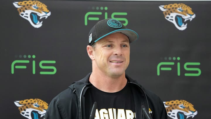 Oct 17, 2024; Watford, United Kingdom; Jacksonville Jaguars special teams coordinator Heath Farwell during press conference at The Grove. Mandatory Credit: Kirby Lee-Imagn Images Oct 17, 2024; Watford, United Kingdom; Jacksonville Jaguars special teams coordinator Heath Farwell during press conference at The Grove. Mandatory Credit: Kirby Lee-Imagn Images