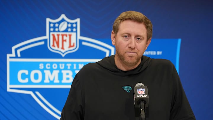 Feb 25, 2025; Indianapolis, IN, USA; Jacksonville Jaguars coach Liam Coen speaks during the NFL Scouting Combine at the Indiana Convention Center. Mandatory Credit: Kirby Lee-Imagn Images Feb 25, 2025; Indianapolis, IN, USA; Jacksonville Jaguars coach Liam Coen speaks during the NFL Scouting Combine at the Indiana Convention Center. Mandatory Credit: Kirby Lee-Imagn Images