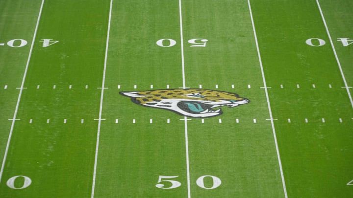 Oct 20, 2024; London, United Kingdom; The Jacksonville Jaguars logo at midfield during an NFL International Series game at Wembley Stadium. Mandatory Credit: Kirby Lee-Imagn Images