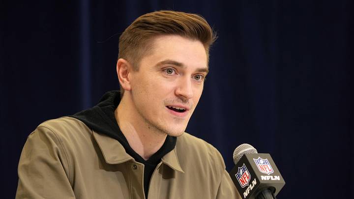 Feb 25, 2025; Indianapolis, IN, USA; Jacksonville Jaguars general manger James Gladstone speaks during the NFL Scouting Combine at the Indiana Convention Center. Mandatory Credit: Kirby Lee-Imagn Images