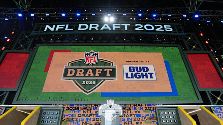 Apr 24, 2025; Green Bay, WI, USA; The Green Bay 2025 logo on the main stage before the NFL Draft at Lambeau Field. Mandatory Credit: Kirby Lee-Imagn Images