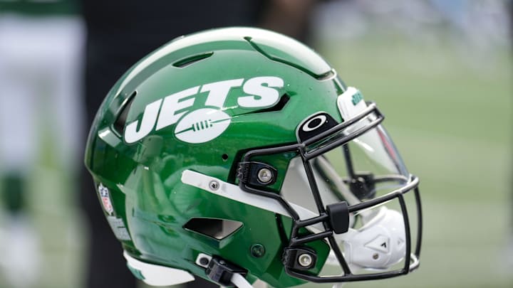 Aug 12, 2023; Charlotte, North Carolina, USA; New York Jets helmet during the second quarter against the Carolina Panthers at Bank of America Stadium. Mandatory Credit: Jim Dedmon-Imagn Images