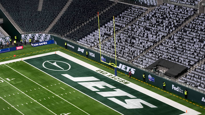 Oct 12, 2025; Tottenham, United Kingdom; The New York Jets logo in the end zone during an NFL International Series game at Tottenham Hotspur Stadium. Mandatory Credit: Kirby Lee-Imagn Images