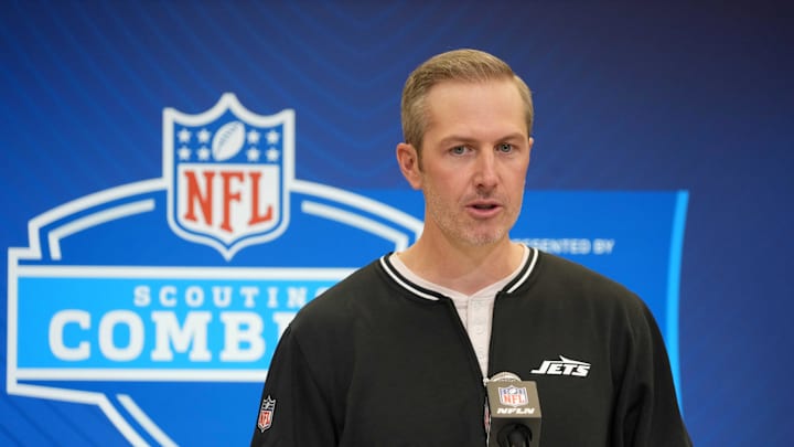 Feb 25, 2025; Indianapolis, IN, USA; New York Jets general manager Darren Mougey speaks during the NFL Scouting Combine at the Indiana Convention Center. Mandatory Credit: Kirby Lee-Imagn Images