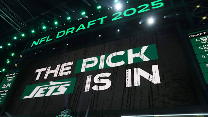 Apr 24, 2025; Green Bay, WI, USA; The New York Jets logo is projected on the video board during the NFL Draft at Lambeau Field. 