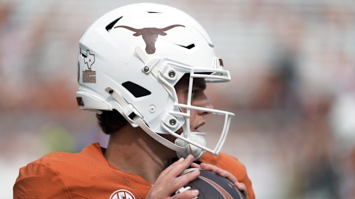 Texas Longhorns quarterback Arch Manning warms up before the game against San Jose State Spartans.