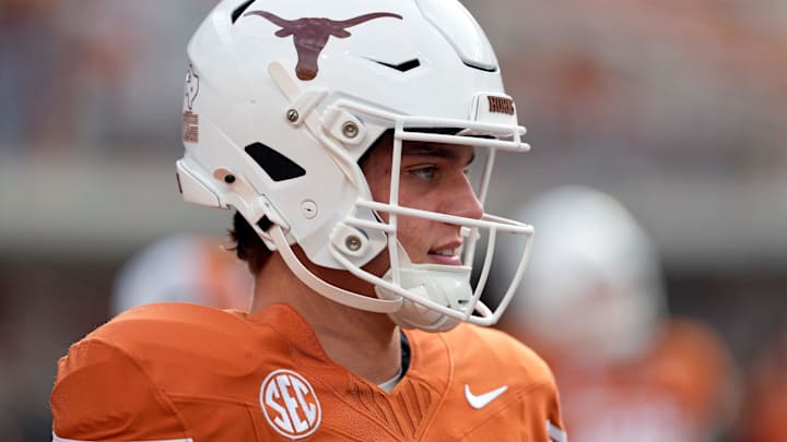 Texas Longhorns quarterback Arch Manning (16) warms up before a game at Darrell K Royal-Texas Memorial Stadium.