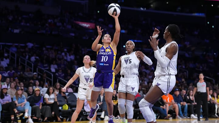 Jun 9, 2025; Los Angeles, California, USA; LA Sparks guard Kelsey Plum (10) shoots the ball against Golden State Valkyries guard Julie Vanloo (35), forward Kayla Thornton (5) and center Temi Fagbenle (14) in the first half at Crypto.com Arena. Mandatory Credit: Kirby Lee-Imagn Images Jun 9, 2025; Los Angeles, California, USA; LA Sparks guard Kelsey Plum (10) shoots the ball against Golden State Valkyries guard Julie Vanloo (35), forward Kayla Thornton (5) and center Temi Fagbenle (14) in the first half at Crypto.com Arena. Mandatory Credit: Kirby Lee-Imagn Images