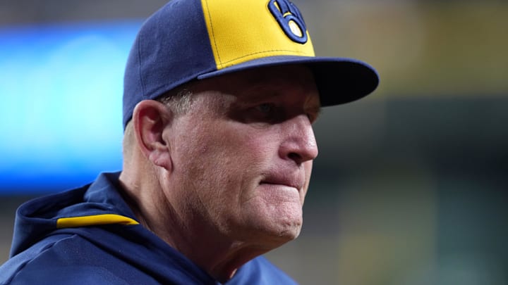 Apr 12, 2025; Phoenix, Arizona, USA; Milwaukee Brewers manager Pat Murphy (49) looks on against the Arizona Diamondbacks during the fifth inning at Chase Field. Mandatory Credit: Joe Camporeale-Imagn Images