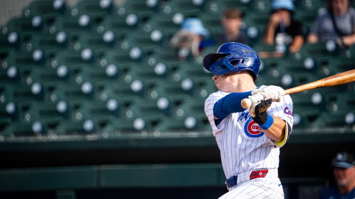 Iowa Cubs 3rd baseman Matt Shaw swings the bat at a pitch on Thursday, Aug. 15, 2024, at Principal Park.