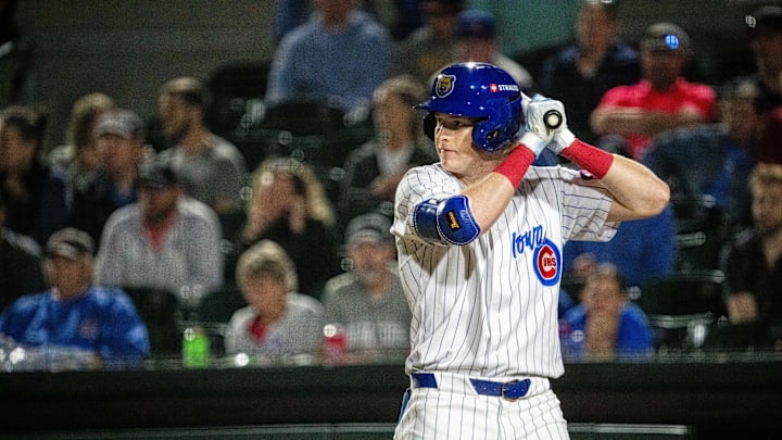 Iowa Cubs' Owen Caissie (17) swings at the ball on Friday, March 28, 2025, at Principal Park in Des Moines.