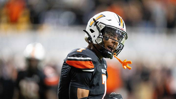 Valley's Jayden McGregory (7) reacts to a call made in the end zone late in the second quarter against Southeast Polk on Friday, Nov. 22, 2024, at the UNI-Dome in Cedar Falls, IA. Valley's Jayden McGregory (7) reacts to a call made in the end zone late in the second quarter against Southeast Polk on Friday, Nov. 22, 2024, at the UNI-Dome in Cedar Falls, IA.