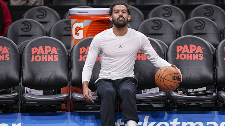 Jan 7, 2026; Atlanta, Georgia, USA; Atlanta Hawks guard Trae Young (11) shown on the court before the game against the New Orleans Pelicans at State Farm Arena.
