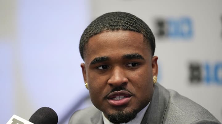 Jul 24, 2025; Las Vegas, NV, USA; USC safety Kamari Ramsey speaks to the media during the Big Ten NCAA college football media days at Mandalay Bay Resort. Mandatory Credit: Lucas Peltier-Imagn Images