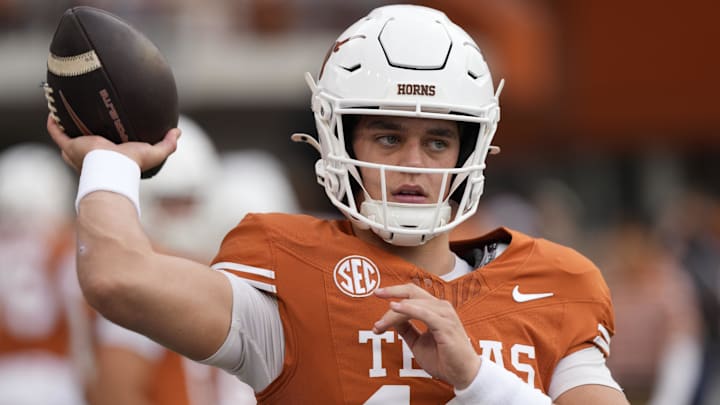 Nov 1, 2025; Austin, Texas, USA; Texas Longhorns quarterback Arch Manning (16) warms up before a game against the Vanderbilt Commodores at Darrell K Royal-Texas Memorial Stadium. Mandatory Credit: Scott Wachter-Imagn Images