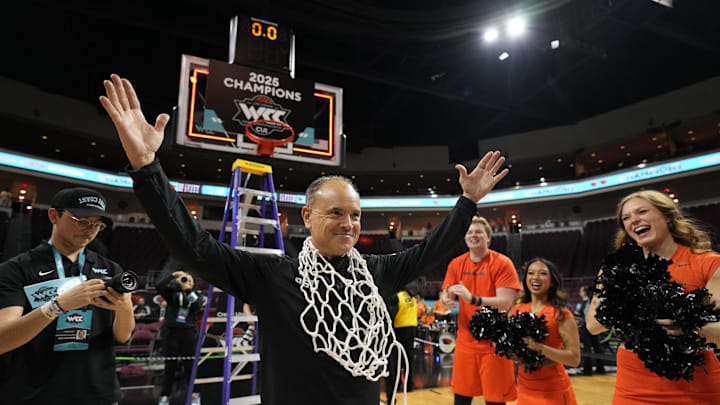 March 11, 2025; Las Vegas, NV, USA; Oregon State Beavers head coach Scott Rueck celebrates after defeating the Portland Pilots after the game in the final of the West Coast Conference tournament at Orleans Arena. Mandatory Credit: Kyle Terada-Imagn Images