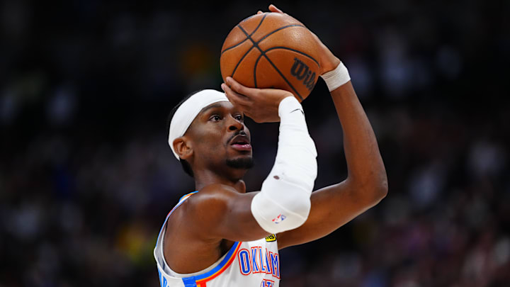 May 9, 2025; Denver, Colorado, USA; Oklahoma City Thunder guard Shai Gilgeous-Alexander (2) prepares to shoot a technical free throw in the first half against the Denver Nuggets during game three of the second round for the 2025 NBA Playoffs at Ball Arena. Mandatory Credit: Ron Chenoy-Imagn Images