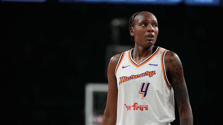 Oct 5, 2025; Las Vegas, Nevada, USA; Phoenix Mercury forward Natasha Mack (4) during the first quarter of game two of the 2025 WNBA Finals against the Las Vegas Aces at Michelob Ultra Arena. Mandatory Credit: Lucas Peltier-Imagn Images