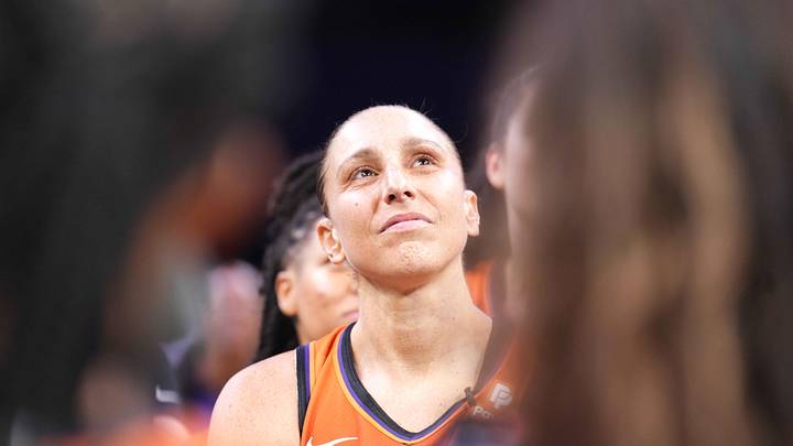 Aug 3, 2023; Phoenix, Arizona, USA; Phoenix Mercury guard Diana Taurasi (3) celebrates her 10,000 career point milestone with teammates after the game against the Atlanta Dream at Footprint Center. Mandatory Credit: Joe Camporeale-Imagn Images
