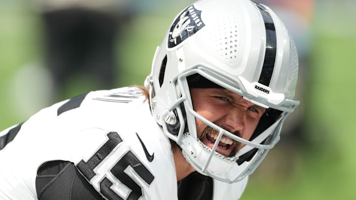 Sep 8, 2024; Inglewood, California, USA; Las Vegas Raiders quarterback Gardner Minshew (15) takes the snap against the Los Angeles Chargers at SoFi Stadium. Mandatory Credit: Kirby Lee-Imagn Images