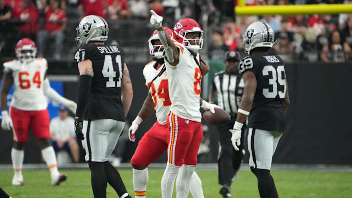 Oct 27, 2024; Paradise, Nevada, USA; Kansas City Chiefs wide receiver DeAndre Hopkins (8) gestures after a first down against the Las Vegas Raiders in the first half at Allegiant Stadium. Mandatory Credit: Kirby Lee-Imagn Images