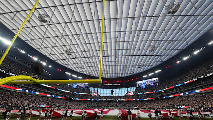 Sep 24, 2023; Paradise, Nevada, USA; A general overall view of Allegiant Stadium with a Untied States flag on the field during the playing of the national anthem before the game between the Las Vegas Raiders and the Pittsburgh Steelers. Mandatory Credit: Kirby Lee-Imagn Images Sep 24, 2023; Paradise, Nevada, USA; A general overall view of Allegiant Stadium with a Untied States flag on the field during the playing of the national anthem before the game between the Las Vegas Raiders and the Pittsburgh Steelers. Mandatory Credit: Kirby Lee-Imagn Images